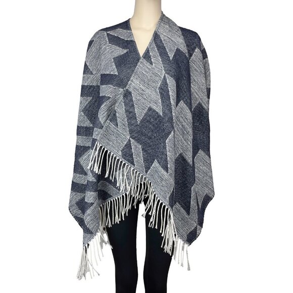 MAJE Boho Fringed Cape Western Poncho Stars Print Indigo Blue White OS - Picture 1 of 6